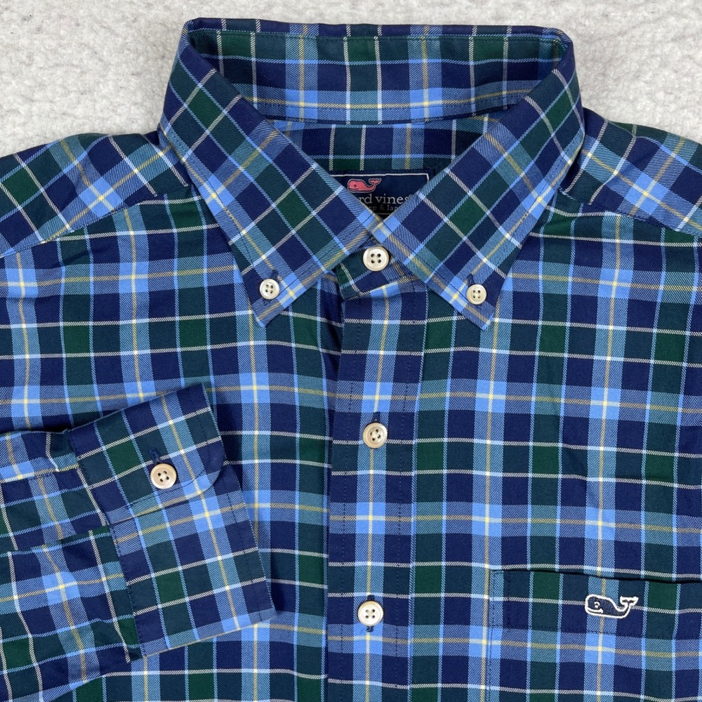 Vineyard Vines Tucker Shirt Mens Small Blue Green Plaid Classic Fit Button Down